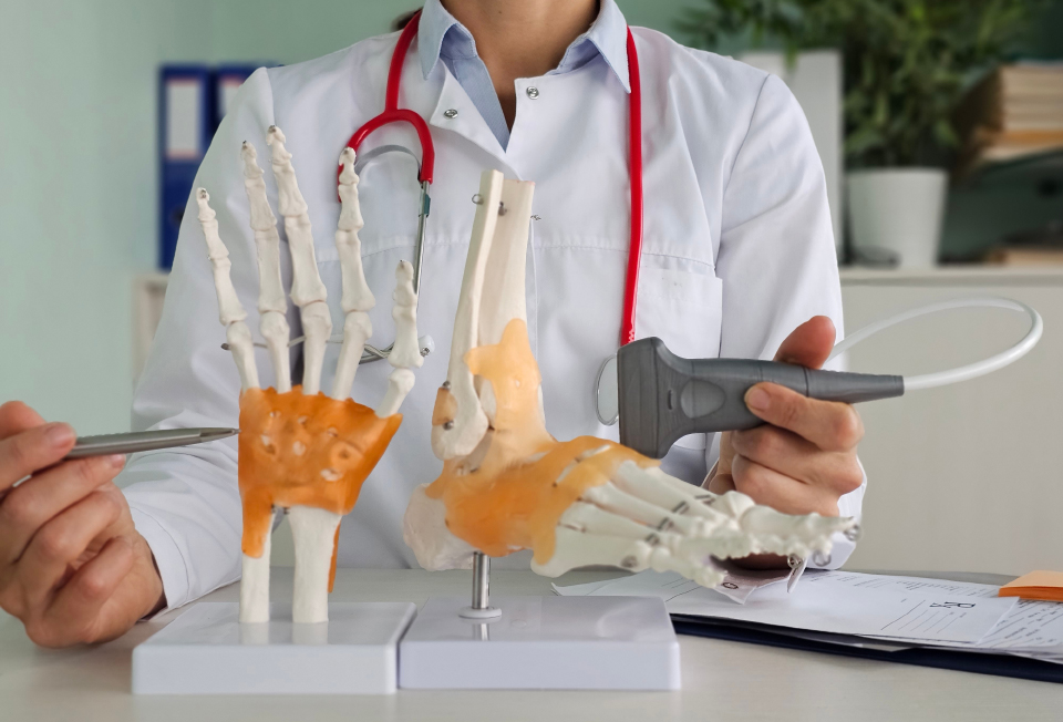 Rheumatologist explaining rheumatoid arthritis using hand and foot models